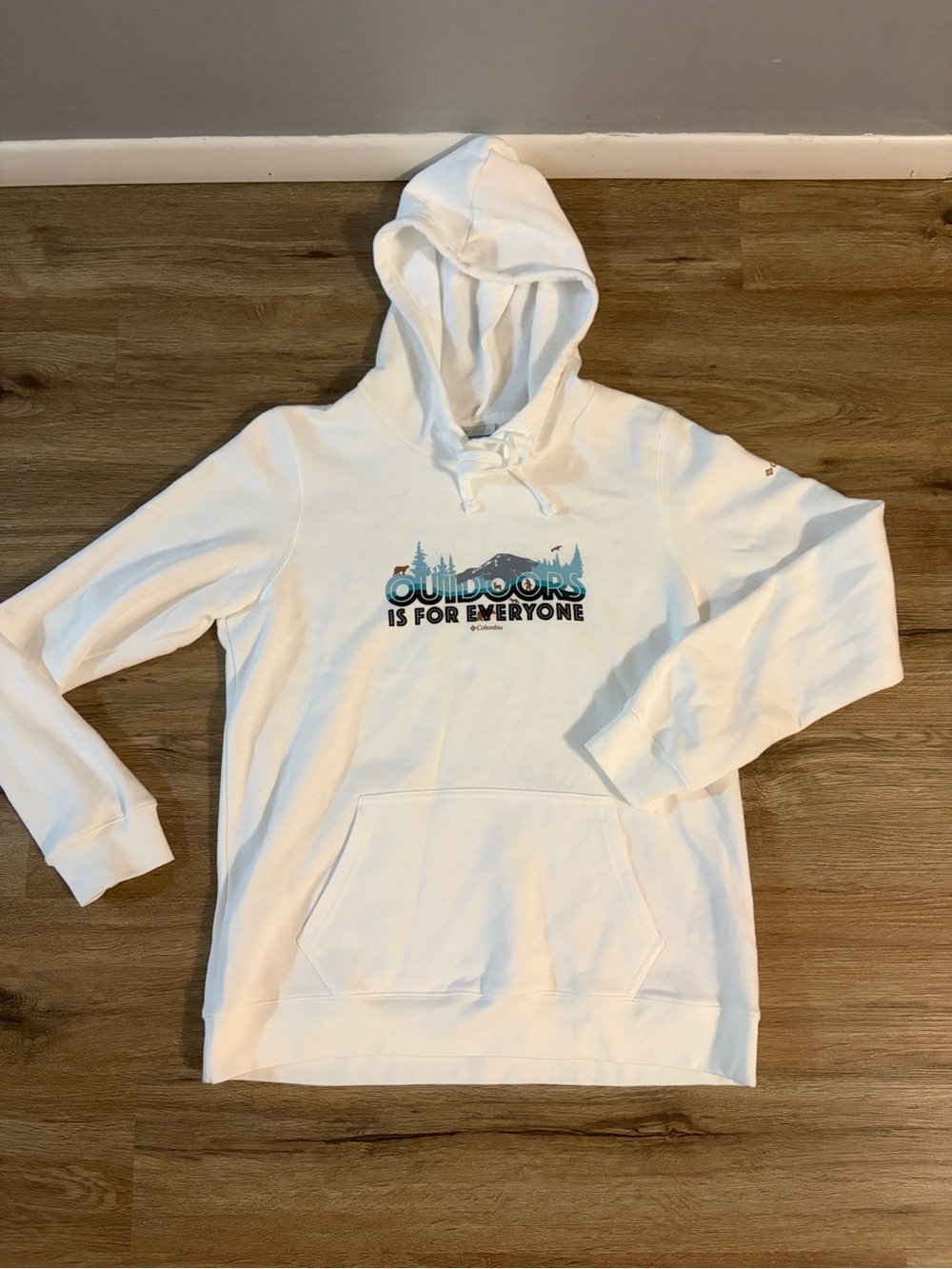 Columbia White Hoodie with Teal & Black 'Outdoors Is For Everyone' Graphic